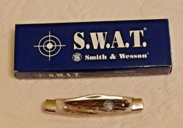 Vintage S.W.A.T. Smith & Wesson Hammer Forged Small Stockman Bullseye Stag New In Box