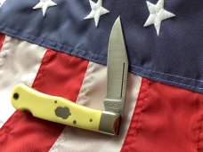 A G Russell 2004 Model. Mountain Man Knife w/ Yellow Derlin Handles - NOS in Orig Box A G Russell 2004 Model. Mountain Man Knife w/ Yellow Derlin Handles - NOS in Orig Box