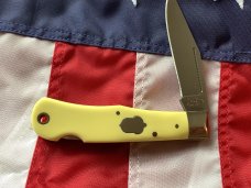 A G Russell 2004 Model. Mountain Man Knife w/ Yellow Derlin Handles - NOS in Orig Box A G Russell 2004 Model. Mountain Man Knife w/ Yellow Derlin Handles - NOS in Orig Box