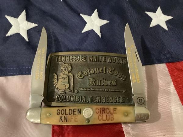 Orig Colonel Coon Golden Circle Club 2 Blade Founders Muskrat -Bone Handles #82 of 200. +Belt Buckle