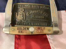 Orig Colonel Coon Golden Circle Club 2 Blade Founders Muskrat -Bone Handles #82 of 200. +Belt Buckle