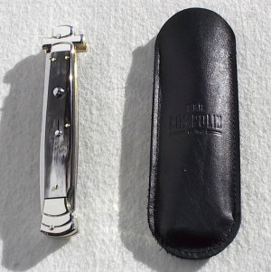 NOS A.G.A. CAMPOLIN 11" MALTESE BRAZILIAN HORN STILETTO NICKEL SILVER BOLSTERS,  LEATHER POUCH