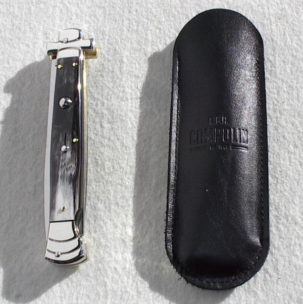 NOS A.G.A. CAMPOLIN 11" MALTESE BRAZILIAN HORN STILETTO NICKEL SILVER BOLSTERS,  LEATHER POUCH