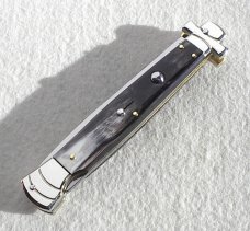 NOS A.G.A. CAMPOLIN 11" MALTESE BRAZILIAN HORN STILETTO NICKEL SILVER BOLSTERS,  LEATHER POUCH