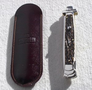 NOS A.G.A. CAMPOLIN 11" MALTESE GENUINE STAG STILETTO NICKEL SILVER BOLSTERS - LEATHER POUCH