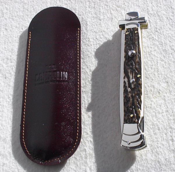 NOS A.G.A. CAMPOLIN 11" MALTESE GENUINE STAG STILETTO NICKEL SILVER BOLSTERS - LEATHER POUCH