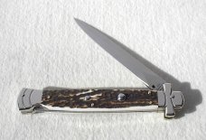 NOS A.G.A. CAMPOLIN 11" MALTESE GENUINE STAG STILETTO NICKEL SILVER BOLSTERS - LEATHER POUCH