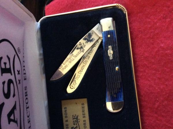 2020 CASE XX USA 5254 SS BLUE BONE HANDLE TRAPPER COCKFIGHTER HAVE SINS WILL TRAVEL TIL DEATH DO US