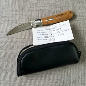 Bobby Toole Custom Mammoth Ivory Swayback Knife, New, CPM-154 ,3 75" closed...coa and  pouch 