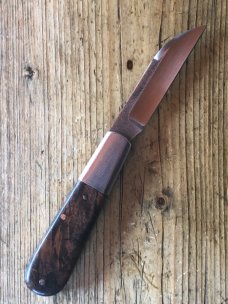 Kroo Blades Classic Barlow with Pepper Tree Root Burl Scales and Wharncliffe Blade