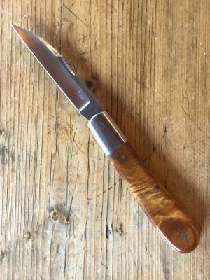 Kroo Custom Blades Swayback Knife with Wild Currant Root Burl Scales and Wharncliffe Blade