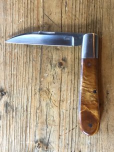 Kroo Custom Blades Swayback Knife with Wild Currant Root Burl Scales and Wharncliffe Blade