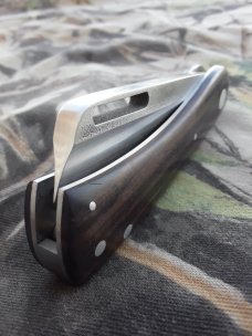 Kroo Custom Blades Chunky Frank knife with African Blackwood Scales and Modified Sheepsfoot Blade Kroo Custom Blades Chunky Frank knife with African Blackwood Scales and Modified Sheepsfoot Blade