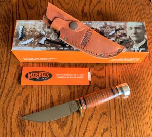MARBLE'S PLAINSMAN KNIFE, Stacked Leather Handle, with Sheath