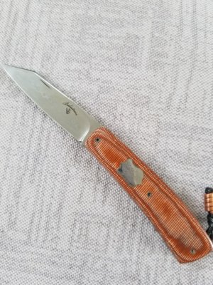 Vincenzo Balistreri Brown/copper Micarta Shadow Native 3.75" closed..Damasteel..Lanyard with bead