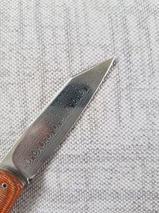 Vincenzo Balistreri Brown/copper Micarta Shadow Native 3.75" closed..Damasteel..Lanyard with bead