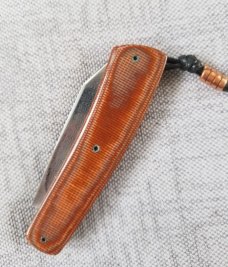 Vincenzo Balistreri Brown/copper Micarta Shadow Native 3.75" closed..Damasteel..Lanyard with bead Vincenzo Balistreri Brown/copper Micarta Shadow Native 3.75" closed..Damasteel..Lanyard with bead