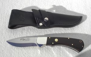 NOS FOX MANIAGO ITALY FIXED BLADE SKINNER ( EXOTIC ZIRICOTE WOOD ) NICKEL SILVER BOLSTER W/ SHEATH