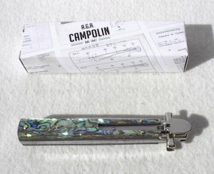 NEW A.G.A. CAMPOLIN 9" DOMINUS ABALONE MODIFIED BAYONET LEVER LOCK, NICKEL SILVER BOLSTERS - W/ BOX