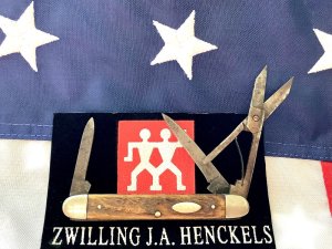 Antique J A Henckels 3 Blade (Knife, File, Sissors) Multiuse Gentelmens Camping Pocket Knife w/ Stag