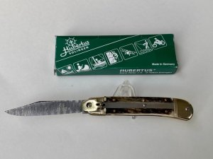 Hubertus Damascus Clip Blade 18cm / 7" Stag Leverlock w/Box MINT NOS Circa 2000 Germany