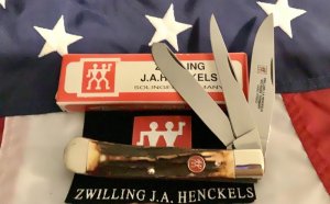 J A Henckels Hand Forged 3 Blade Trapper (HK-29-S) Super Matching Stag Handles -NOS +Box