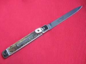 Solingen German Hubertus Large 10" Leverlock Switchblade Knife - Stag