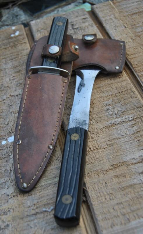 Utica USA Sportsman Knife Hatchet Set In Leather Sheath Light Use 1950's Mirror Factory Polish Utica USA Sportsman Knife Hatchet Set In Leather Sheath Light Use 1950's Mirror Factory Polish