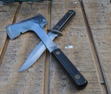 Utica USA Sportsman Knife Hatchet Set In Leather Sheath Light Use 1950's Mirror Factory Polish Utica USA Sportsman Knife Hatchet Set In Leather Sheath Light Use 1950's Mirror Factory Polish