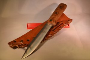 J. Russell, Green River Works NOS sheath knife w/ handmade leather sheath