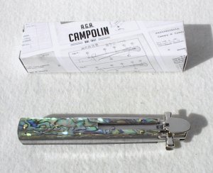 NEW A.G.A. CAMPOLIN 9" DOMINUS ABALONE MODIFIED BAYONET LEVER LOCK, NICKEL SILVER BOLSTERS - W/ BOX