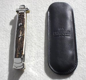 NOS A.G.A. CAMPOLIN 11" MALTESE GENUINE STAG STILETTO NICKEL SILVER BOLSTERS - LEATHER POUCH