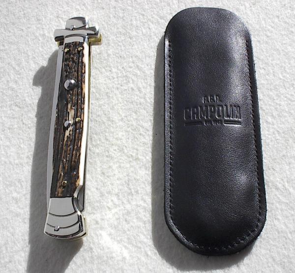 NOS A.G.A. CAMPOLIN 11" MALTESE GENUINE STAG STILETTO NICKEL SILVER BOLSTERS - LEATHER POUCH