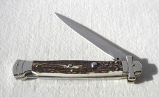 NOS A.G.A. CAMPOLIN 11" MALTESE GENUINE STAG STILETTO NICKEL SILVER BOLSTERS - LEATHER POUCH