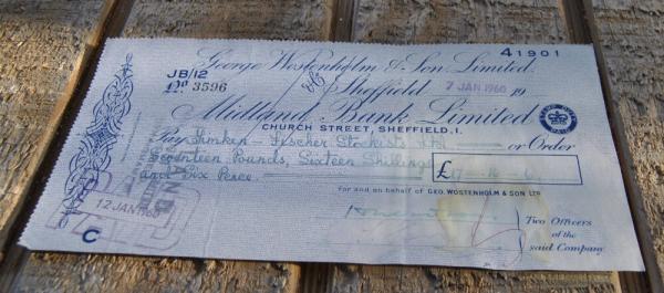 George Wostenholm  IXL Cancelled bank Check Jan. 1960 Pounds And Pence Midland Bank
