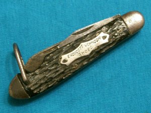 VINTAGE ANTIQUE SYRACUSE ENDICOTT JOHNSON SHOES EASY OPEN SWELL END JACK FOLDING POCKET KNIFE KNIVES