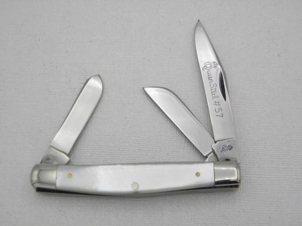 Queen Cutlery #57 Three Blade Serpentine In Pearl: 3 5/8” closed, 1971, Queen Cutlery #57 Three Blade Serpentine In Pearl: 3 5/8” closed, 1971,
