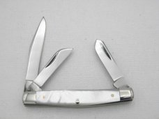 Queen Cutlery #57 Three Blade Serpentine In Pearl: 3 5/8” closed, 1971, Queen Cutlery #57 Three Blade Serpentine In Pearl: 3 5/8” closed, 1971,
