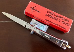 Bargeon Switchblade, 7 1/2 Inch, Stainless Steel Handle, Brass Liners, Hard To Find With Box, Unused