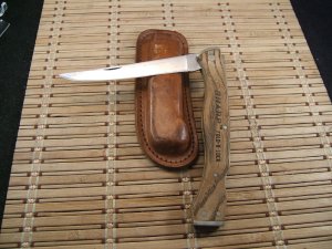 SHARP VINTAGE 1970'S JAPAN MADE "FOLD - N - LOCK LARGE LOCKBACK FISH FILET KNIFE WITH LEATHER SHEATH