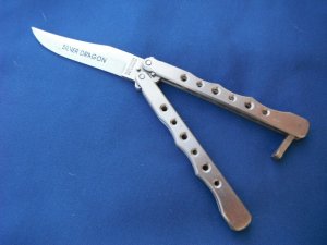 Vintage Japan 1980's Sliver Dragon stainless drop point balisong butterfly knife.  Made in Japan!!!