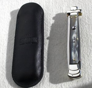 NOS A.G.A. CAMPOLIN 11" MALTESE BRAZILIAN HORN STILETTO NICKEL SILVER BOLSTERS,  LEATHER POUCH