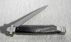 NOS A.G.A. CAMPOLIN 11" MALTESE BRAZILIAN HORN STILETTO NICKEL SILVER BOLSTERS,  LEATHER POUCH