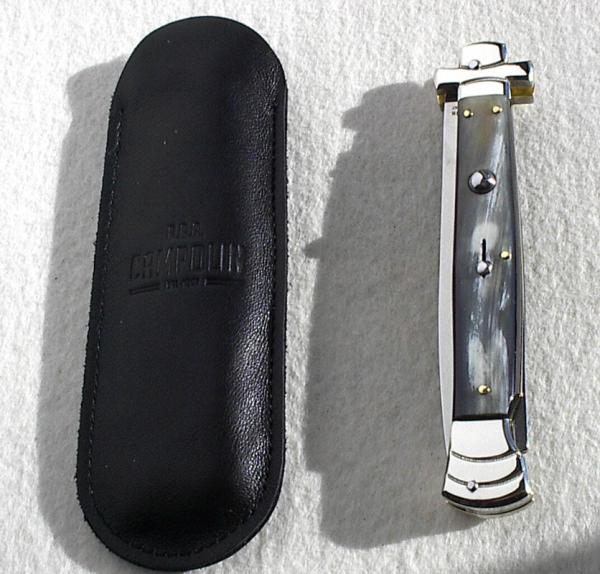 NOS A.G.A. CAMPOLIN 11" MALTESE BRAZILIAN HORN STILETTO NICKEL SILVER BOLSTERS,  LEATHER POUCH