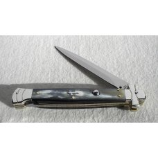 NOS A.G.A. CAMPOLIN 11" MALTESE BRAZILIAN HORN STILETTO NICKEL SILVER BOLSTERS,  LEATHER POUCH