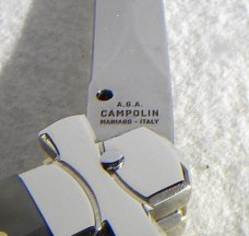NOS A.G.A. CAMPOLIN 11" MALTESE BRAZILIAN HORN STILETTO NICKEL SILVER BOLSTERS,  LEATHER POUCH