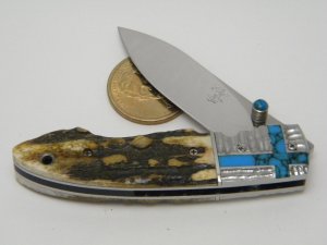 *RARE*   Yoshi Seto Japan Custom Stag and Turquoise Linerlock Knife