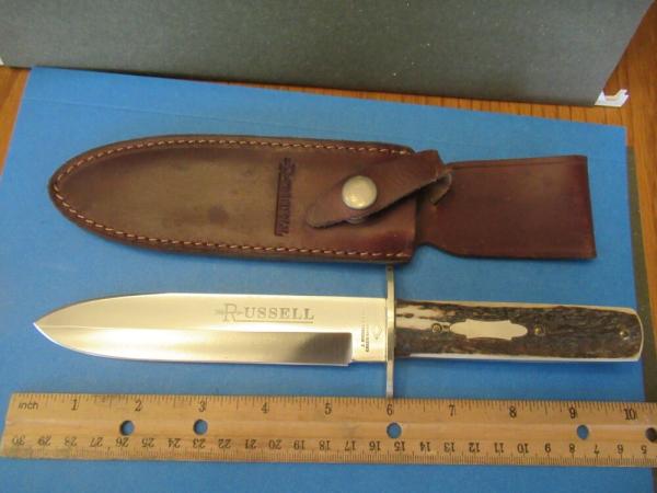J Russel Green River Works Stag Handle Spear Point Bowie  Model RU 1100