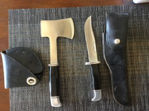 Buck knife and hatchet set - 119 fixed blade and 106 hatchet both with maker’s sheaths 