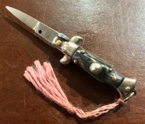 Miniature Switchblade Knife, Made In Italy, Marked Inox, Older Style, Black Plastic Handle 